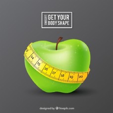健康饮食青苹果背景带卷尺