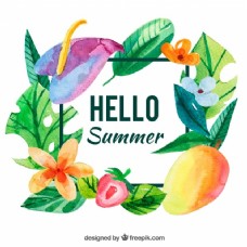 水彩画夏季背景与水果和花卉