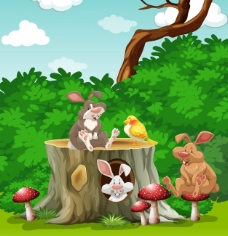 花鸟花园插图中的兔子和鸟