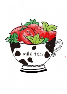 清新草莓奶茶插画