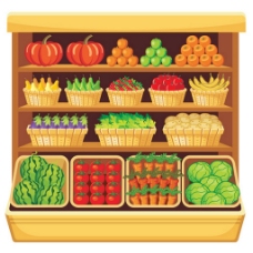 水果超市超市商品货架新鲜水果蔬菜矢量图