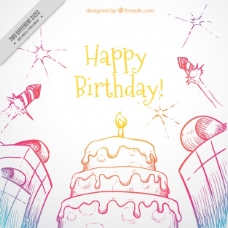 生日礼物手绘生日背景蛋糕和礼物