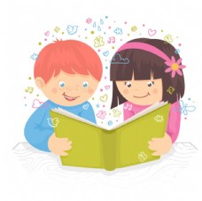 卡通看书的男孩女孩