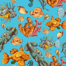 四方连续彩绘海洋生物图案