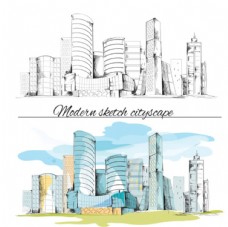 手绘素描现代城市插图
