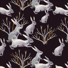 树木手绘兔子草丛四方连续底纹