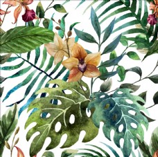 热带植物树叶花卉四方连续底纹