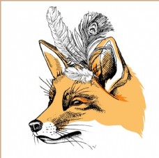 手绘狐狸头羽毛图案
