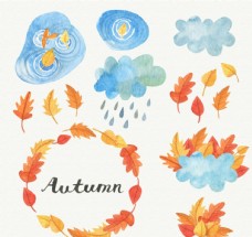 秋季落叶和云朵矢量素材